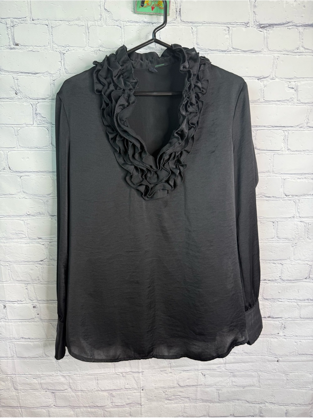 Stile Benetton Black Ruffle Blouse Top Large
